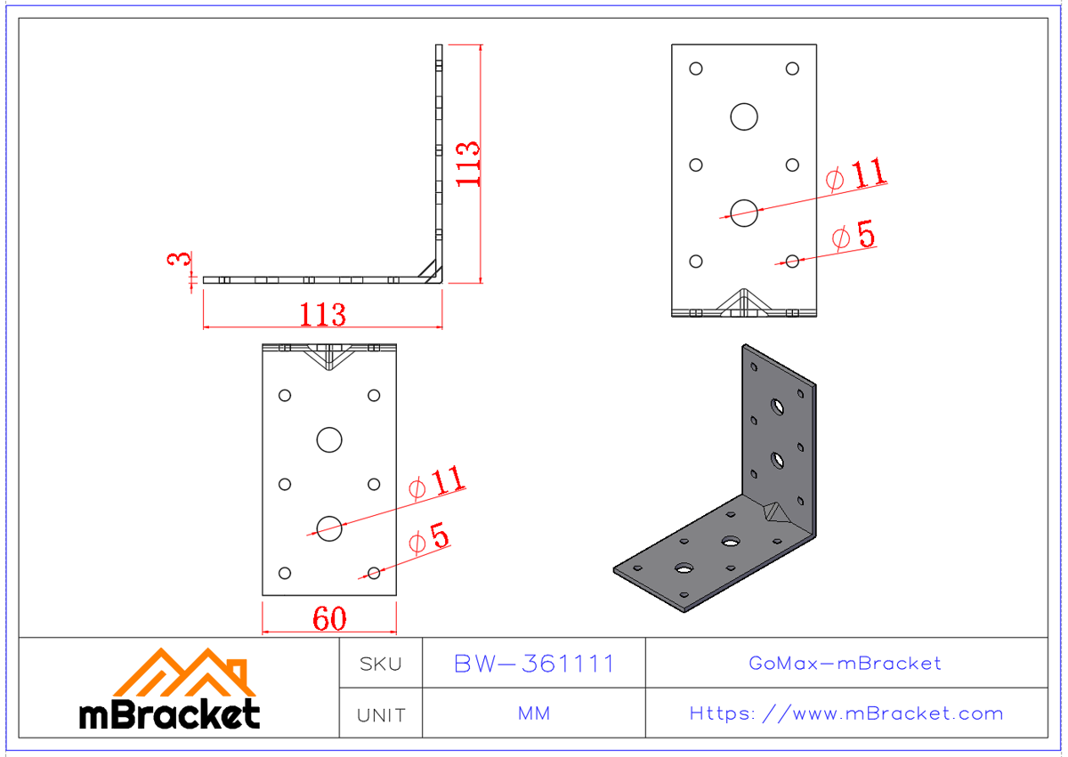 L-förmiger Winkelverbinder Stahlwinkelverbinder Baukonstruktionsverstärkungshardware-Zubehör - 3*60*110*110 Produktabmessungen