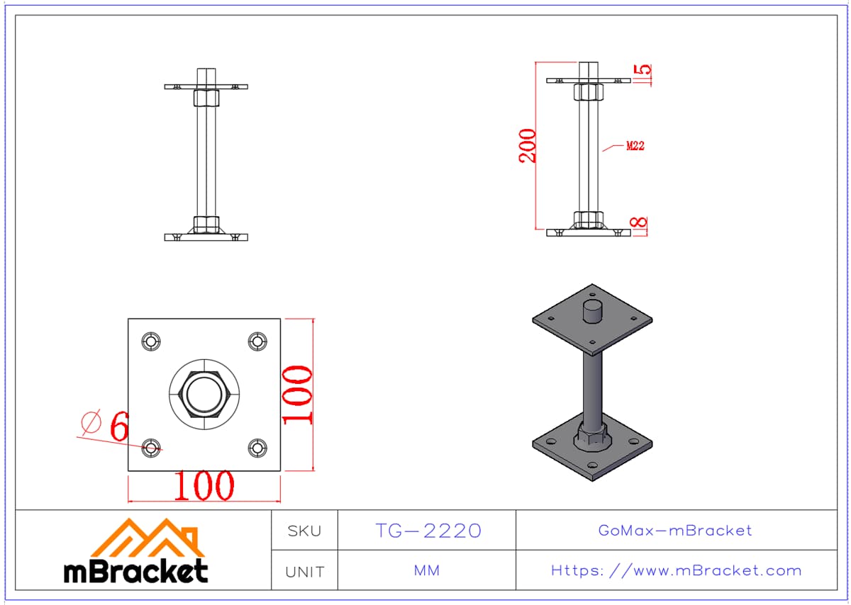 Parafuso de Elevação para Casa de Madeira Parafuso de Ajuste M22*200 Conector Estrutural - M22*200 Dimensões do produto