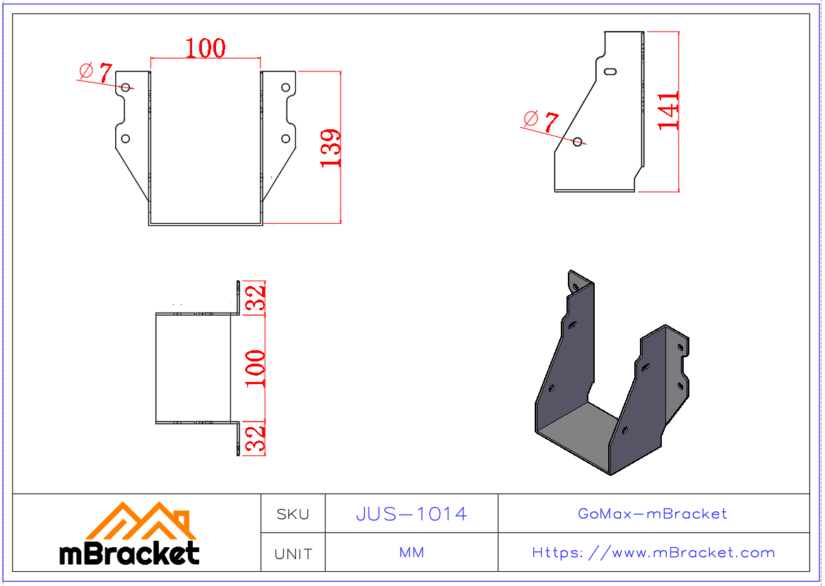 U-förmiger Trägerhaken-Verbinder für Holzhausvillen - 2*100*140 Produktabmessungen