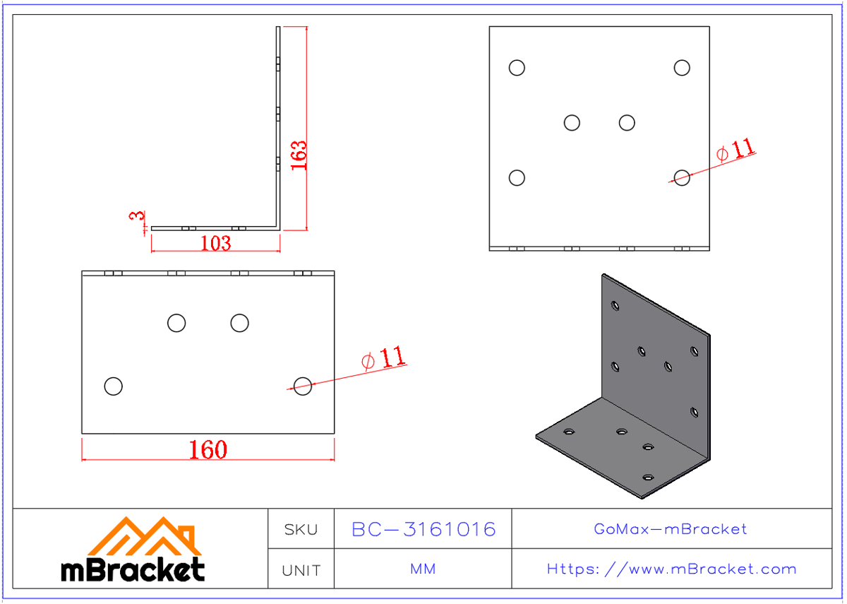 Winkelverbinder L-förmiger Winkeleisen Baustrukturverstärkungshardware - 3*160*100*160 Produktabmessungen