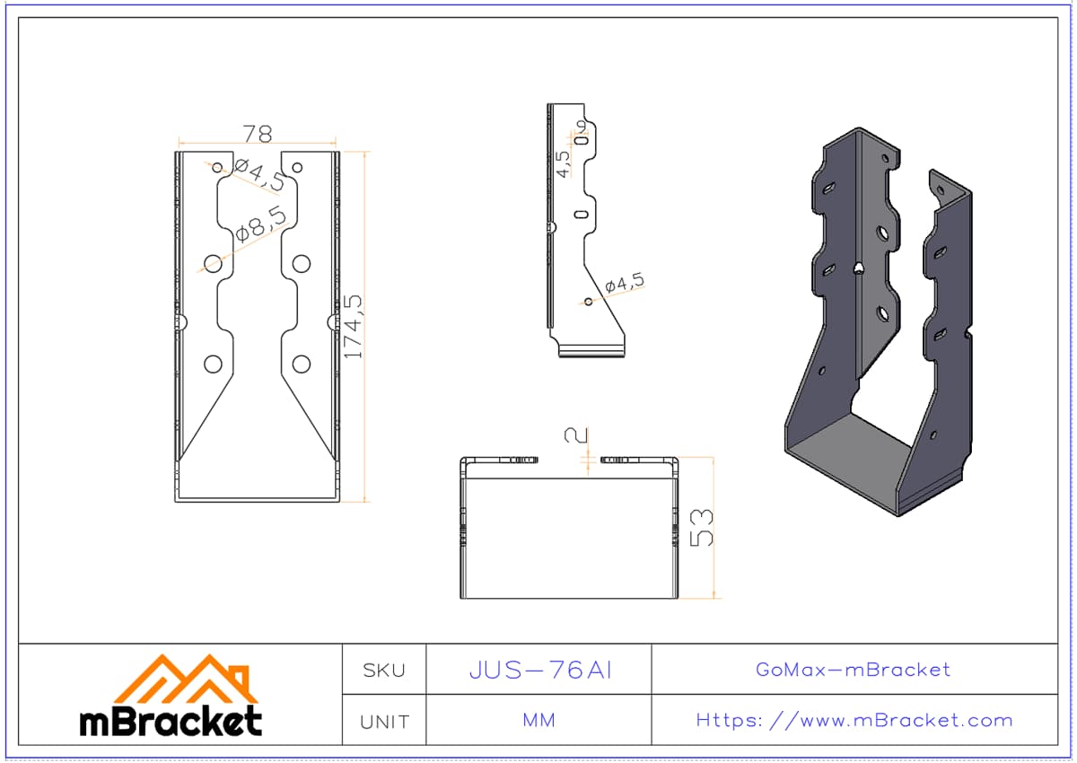 Attache de Poutre en U Connecteur Horizontal pour Structure en Bois - 2*76*175 Dimensions du produit
