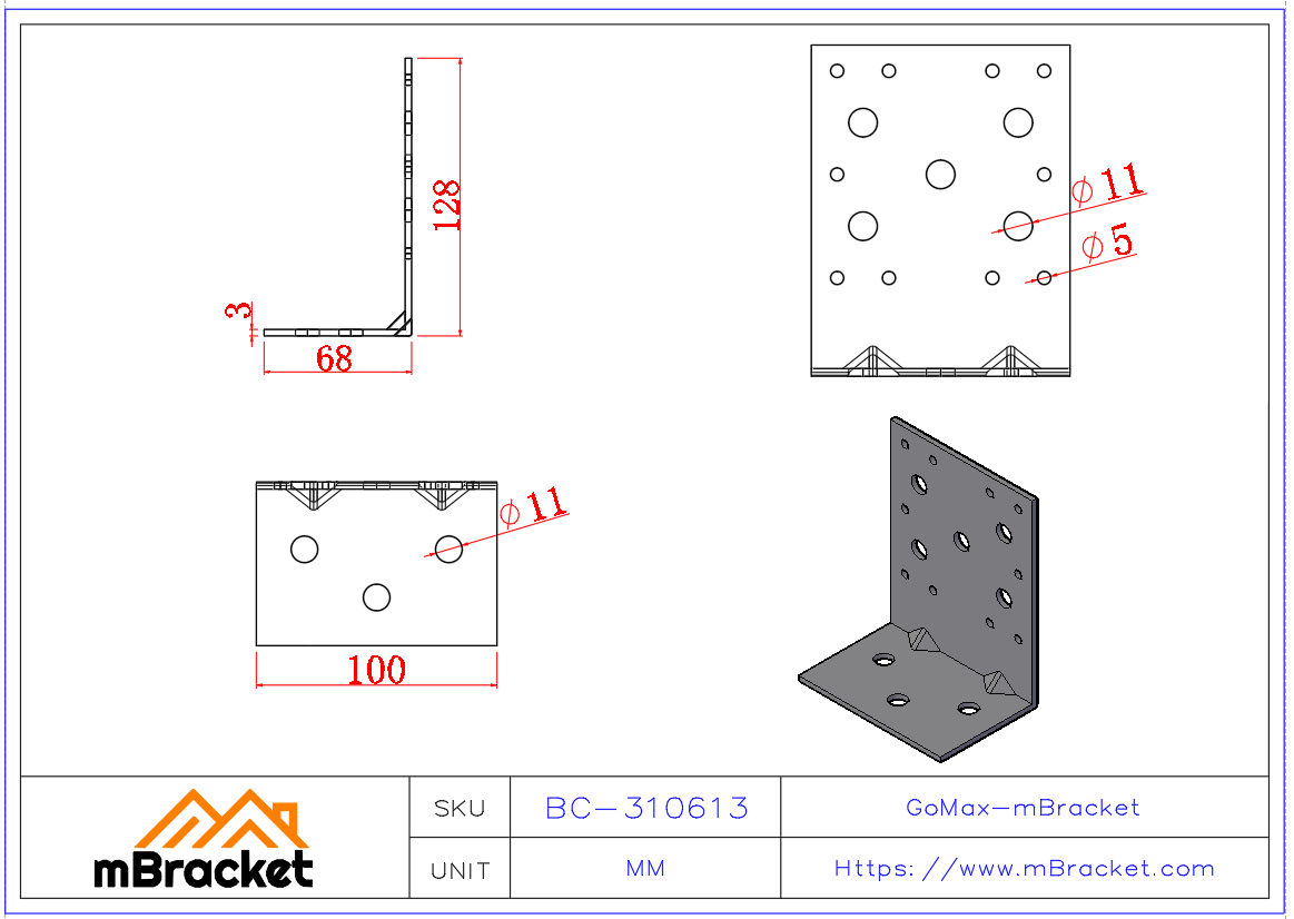 Winkelverbinder L-förmiger Winkeleisen Baustrukturverstärkungshardware-Zubehör - 3*100*70*130 Produktabmessungen