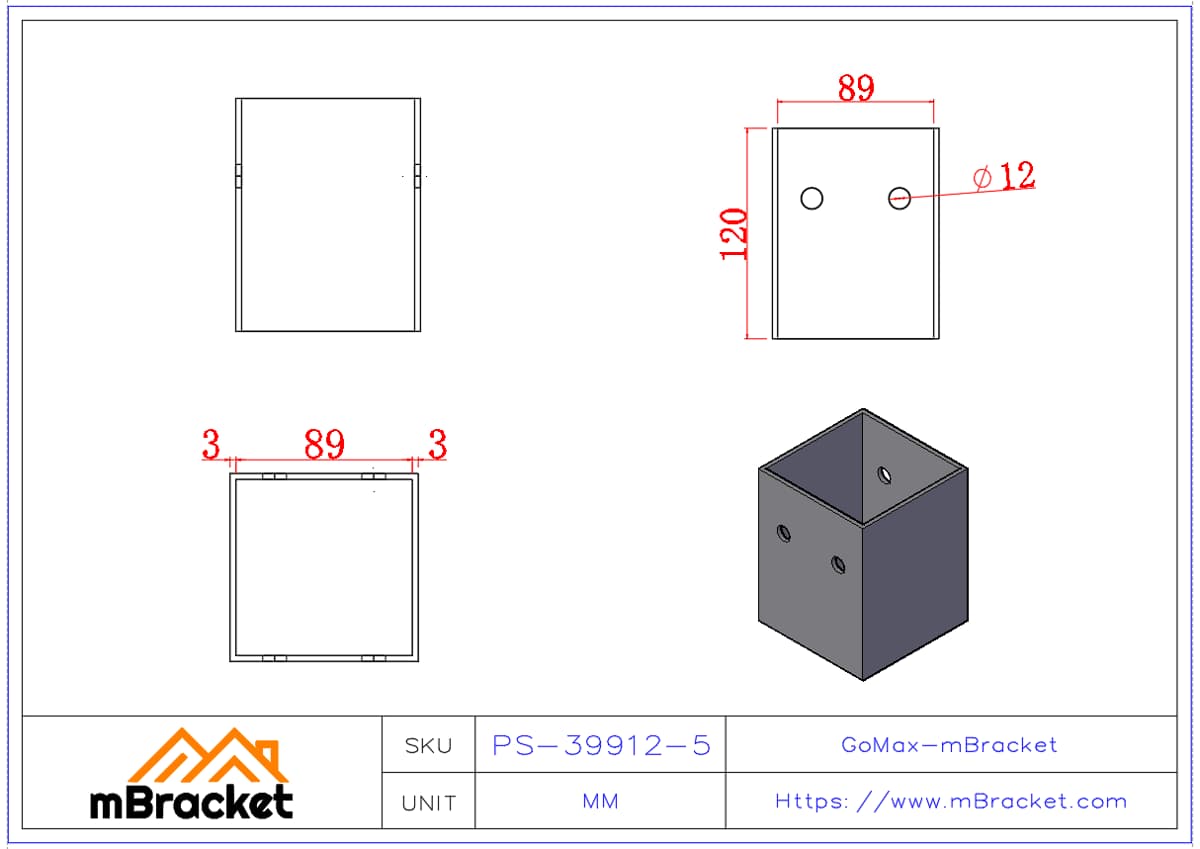 Base de poste quadrada sem fundo Conector de poste Conector de coluna - 3*89*89*120 Dimensões do produto