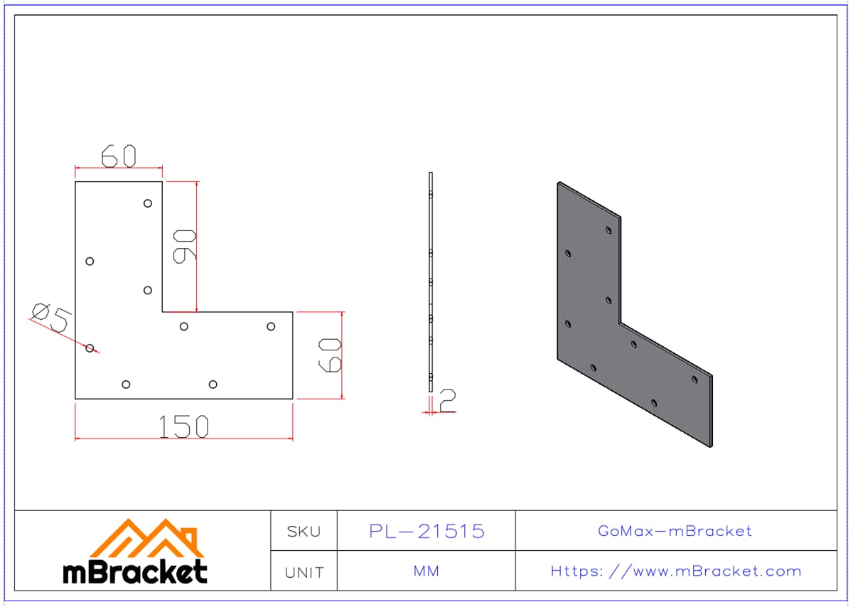 Connecteur d'angle plat Connecteur d'angle pour structure en acier léger Équerre d'angle - 2.0*150*150 Dimensions du produit