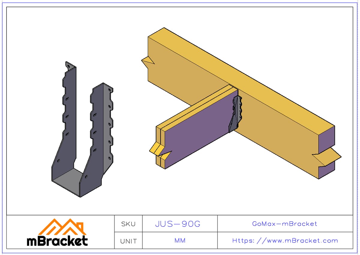 Balkenschuh - U-Bügel für horizontale Verbindung von Balken und Trägern, Holzverbinder - 2*90*289 Anwendungsbeispiel