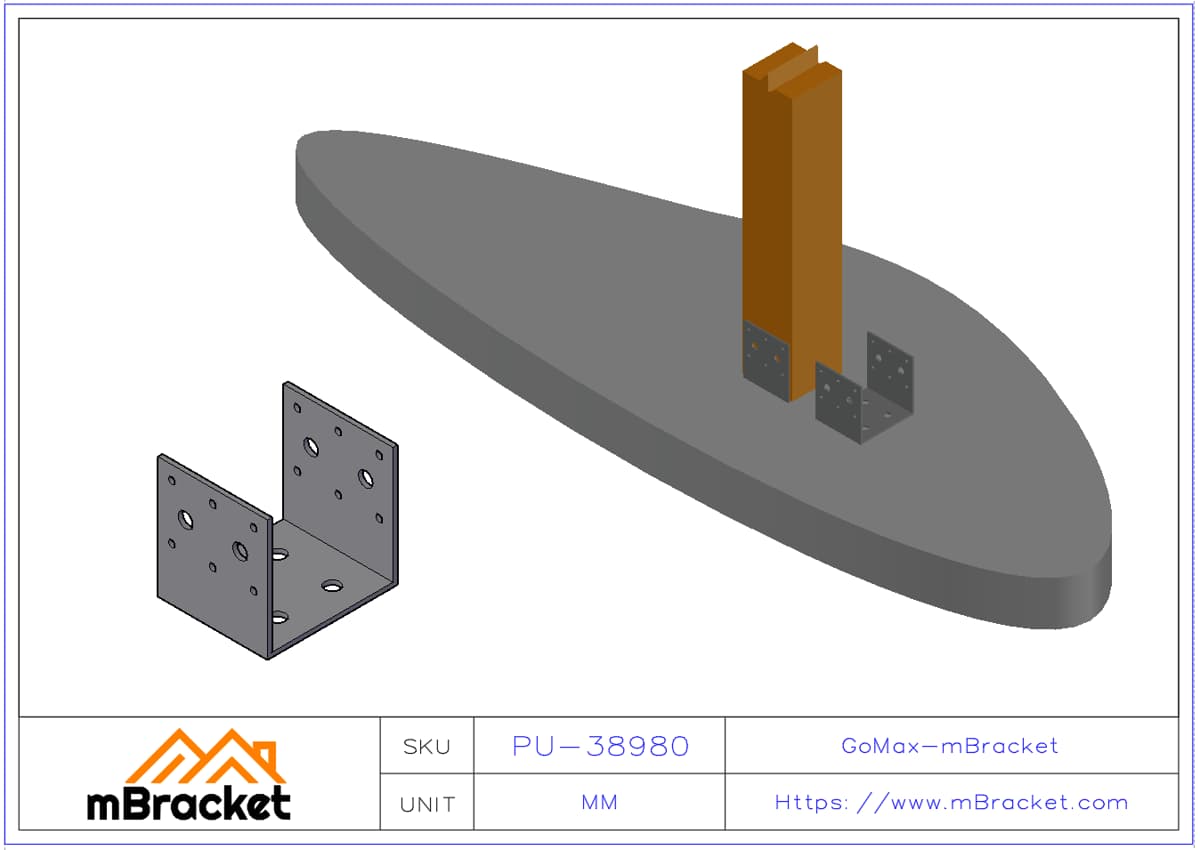 Conector de base de poste en U, zapata de poste, conector metálico para estructura de madera - 3*89*89*80 Ejemplo de aplicación