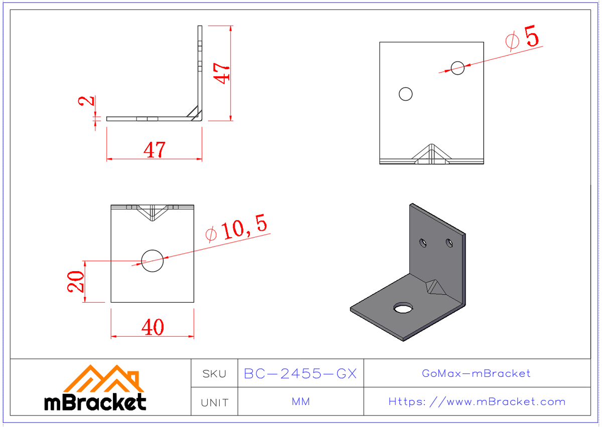 Conector de Ângulo em Forma de L - 2*40*50*50 Dimensões do produto