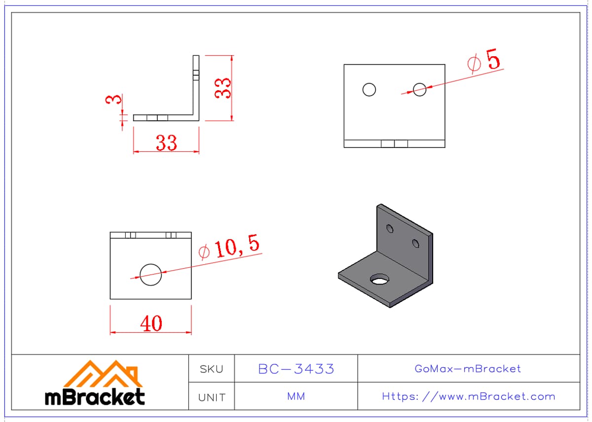 Connecteur d'angle en L - 3*40*35*35 Dimensions du produit