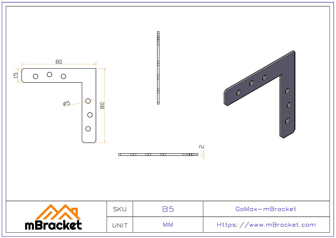 Escuadra plana Conector de ángulo recto - 2*80*80 Dimensiones del producto
