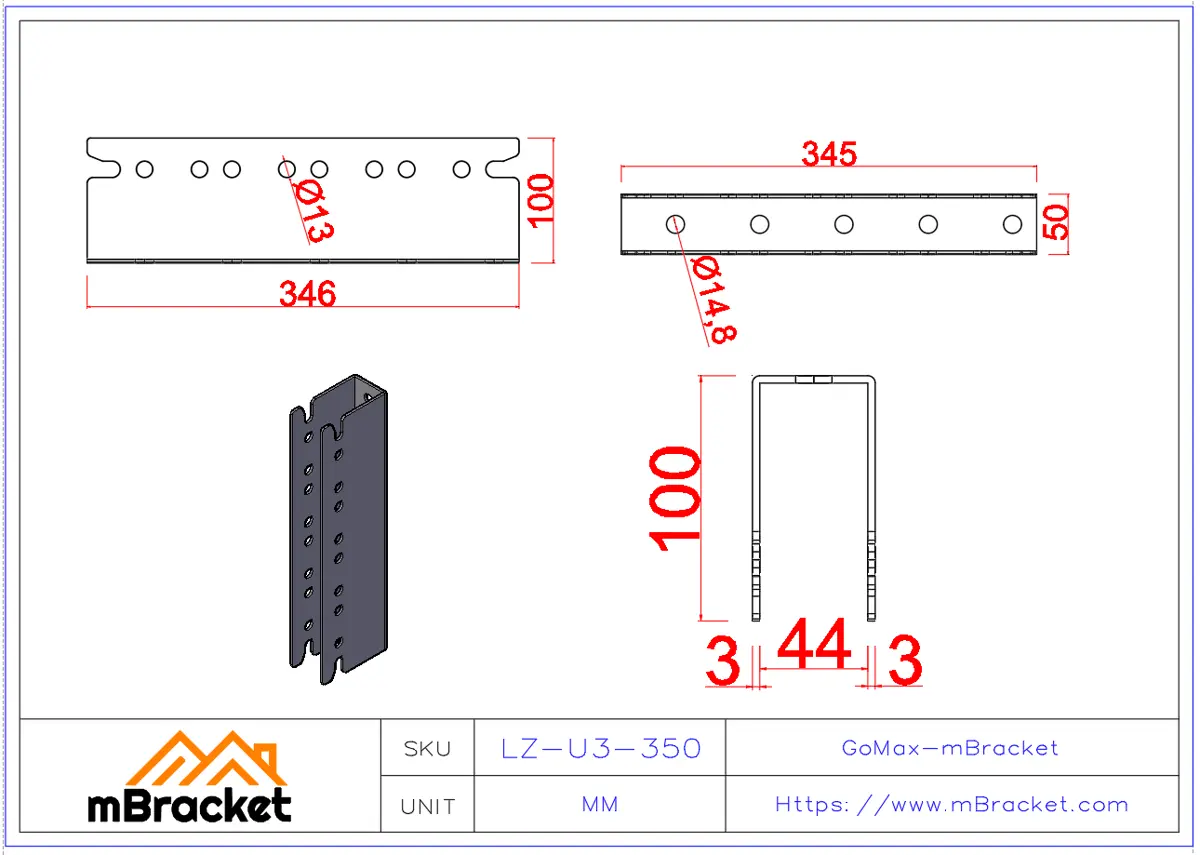 Conector oculto em forma de U para viga-pilar para construção em madeira japonesa - 3*50*345 Dimensões do produto
