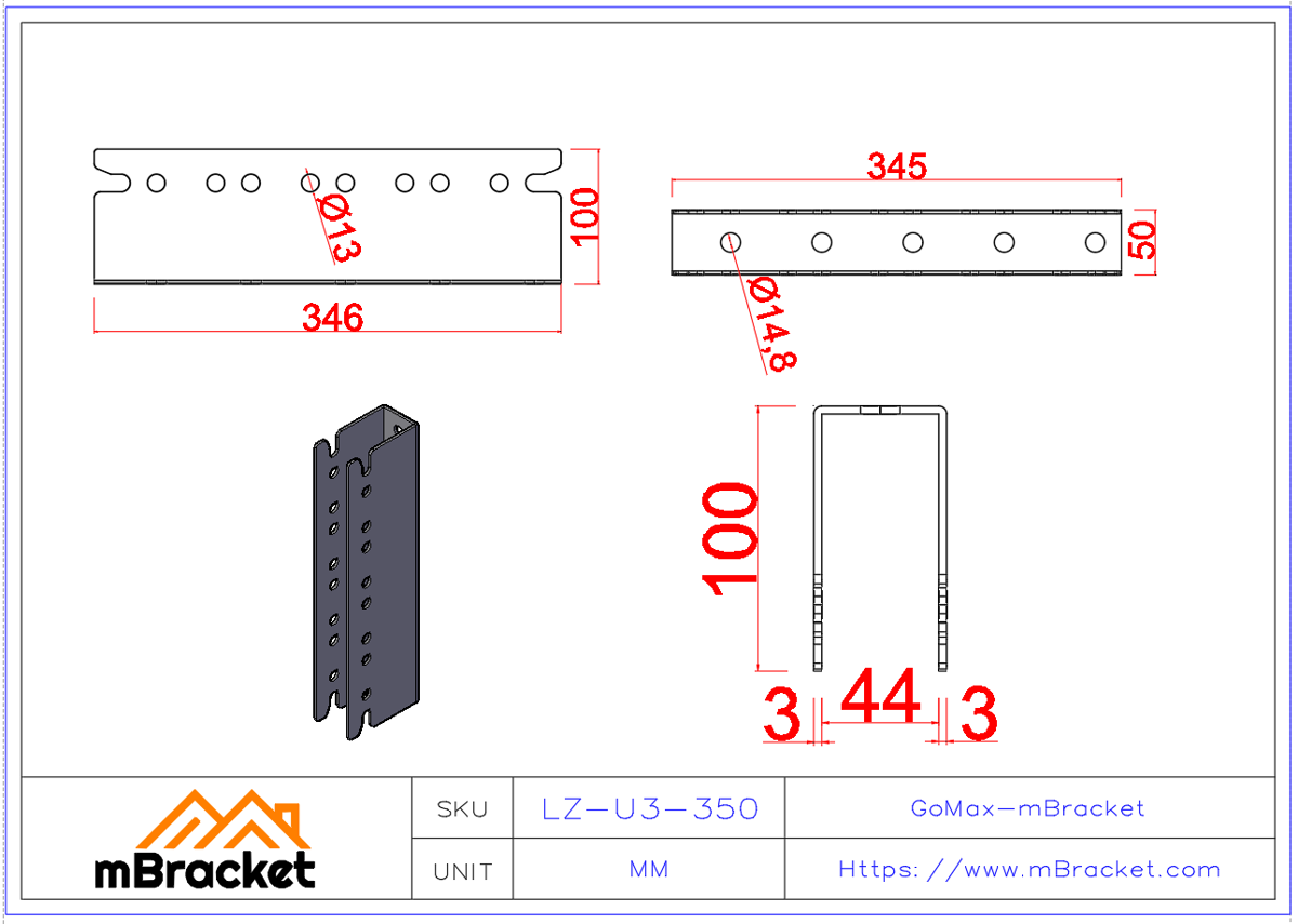 Verdeckter U-förmiger Balken-Stützen-Verbinder für japanischen Holzbau - 3*50*345 Produktabmessungen