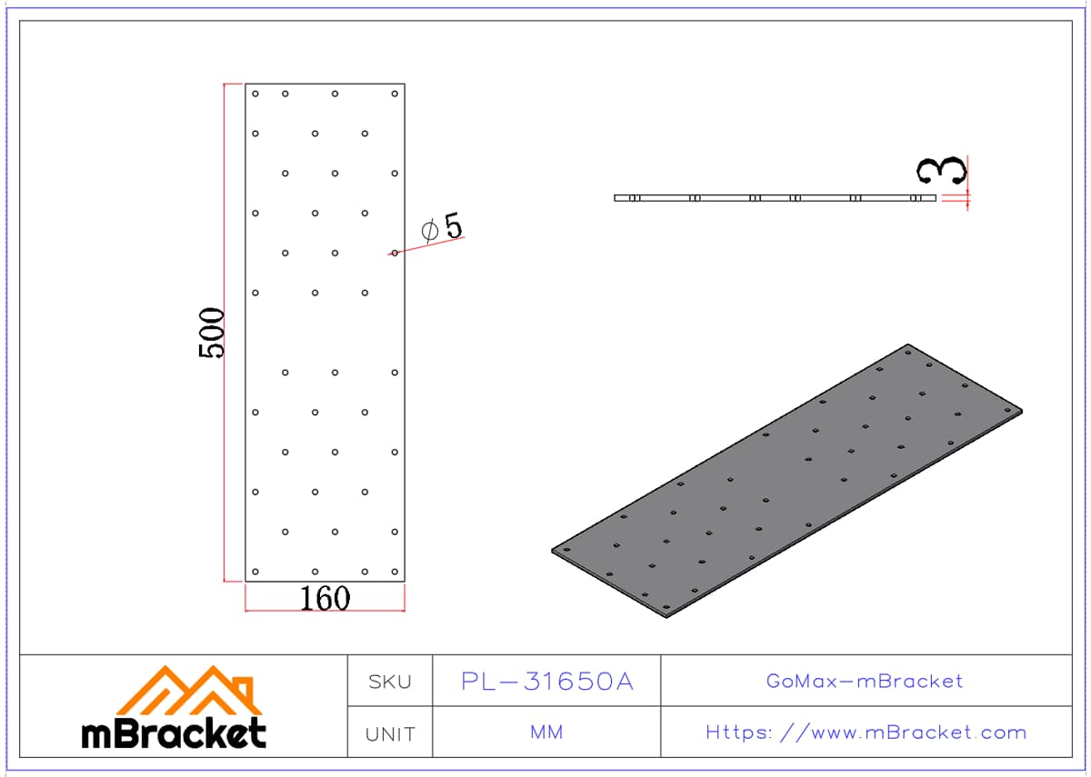 Conector plano, Placa de clavos, Conector de armadura, Herraje metálico para techo de madera - 3*160*500 Dimensiones del producto