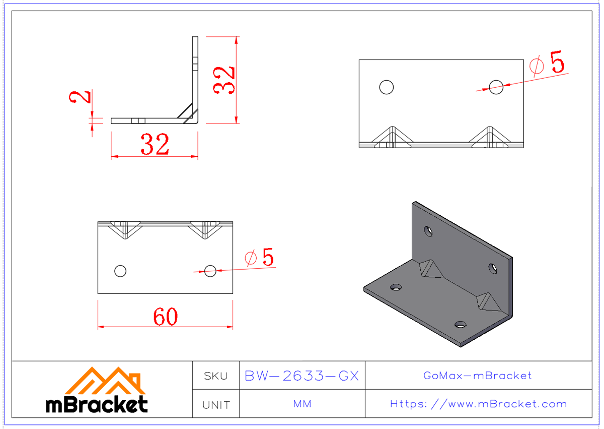 L-förmiger Winkelverbinder - 2*60*32*32 Produktabmessungen