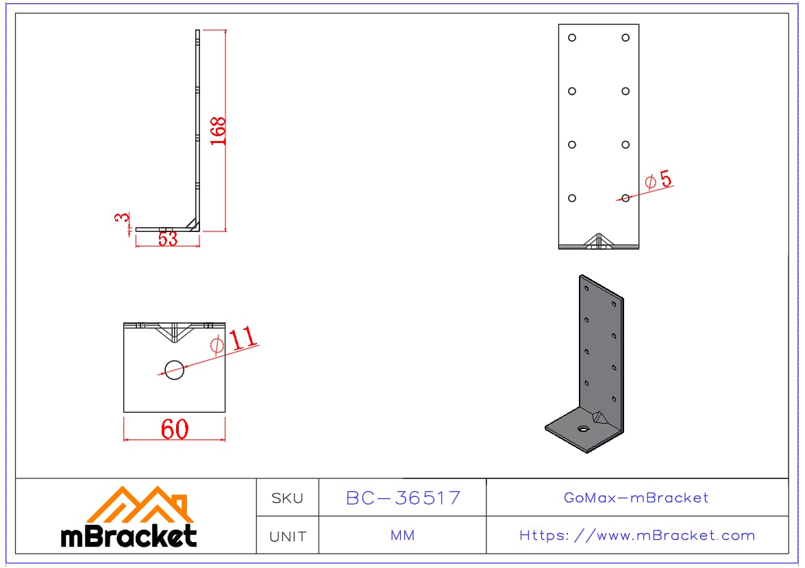 Connecteur anti-arrachement léger / Équerre de liaison pour acier léger - 3*60*50*170 Dimensions du produit