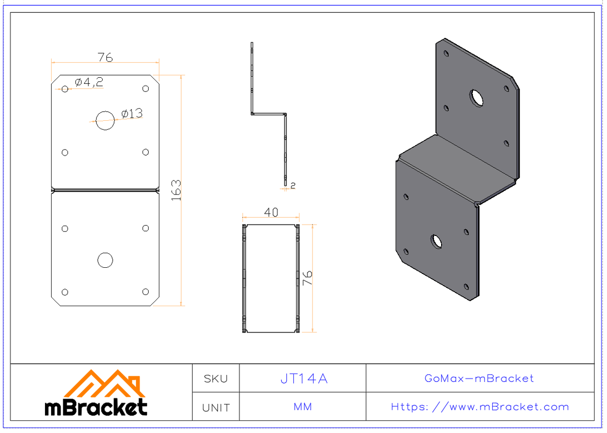 Conector viga-pilar - Placa de conexão para madeira - 2.0*77*163 Dimensões do produto