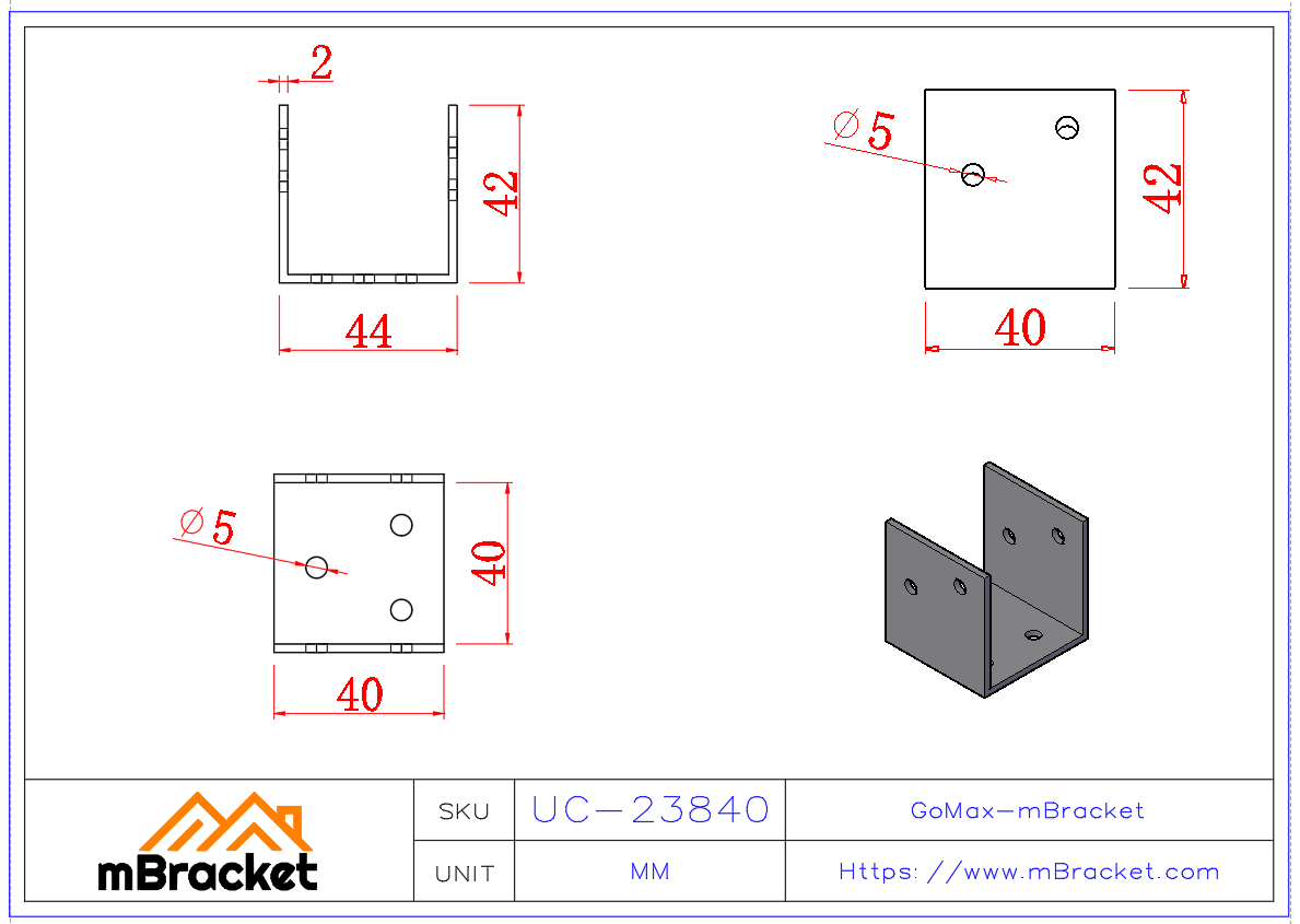 U-Verbinder für Holzverbindungen - 2*38*40*42 Produktabmessungen