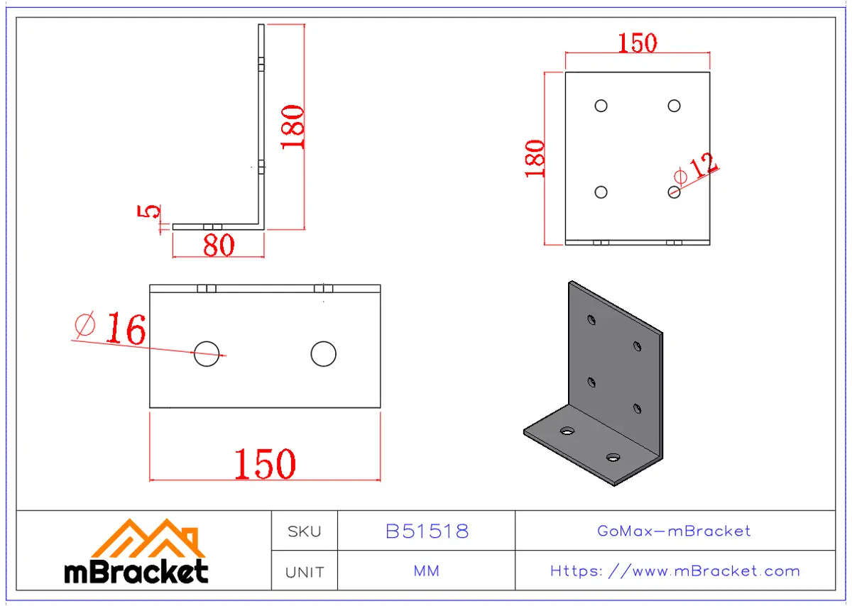 Heavy-Duty Thickened Angle Bracket Steel Structure Angle - 5*150*80*180 Product Dimensions