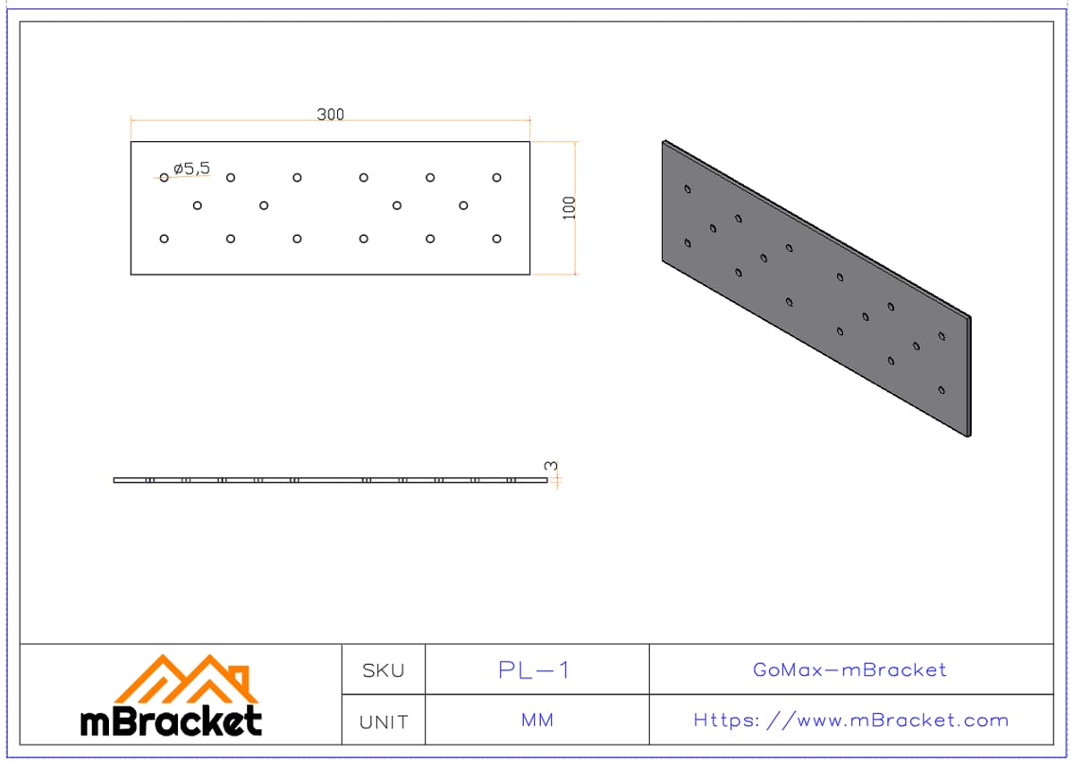 Placa conectora plana para viga para refuerzo de estructuras de acero y madera - 3*100*300 Dimensiones del producto