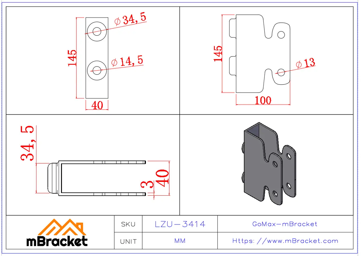 Conector oculto en U para viga-columna, herraje estructural de estilo japonés - 3*40*145*100 Dimensiones del producto