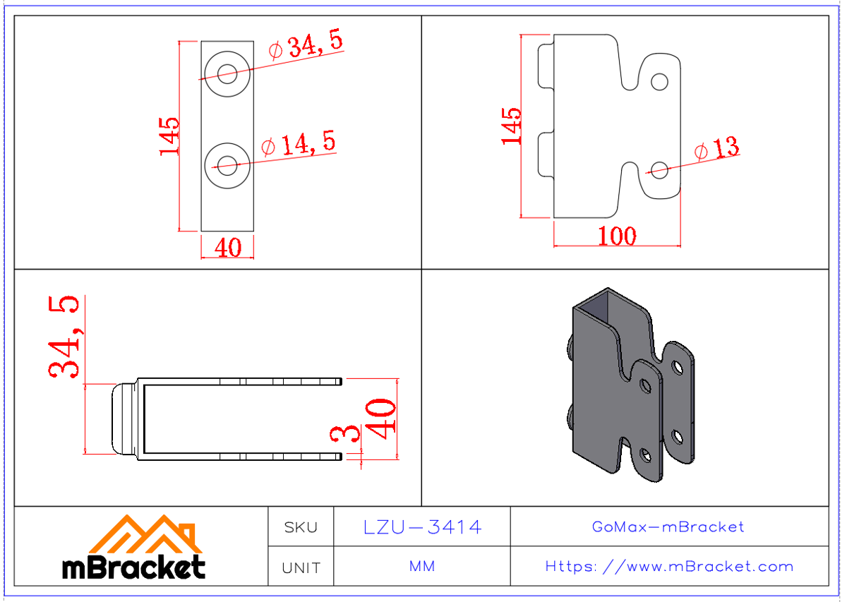 Conector oculto en U para viga-columna, herraje estructural de estilo japonés - 3*40*145*100 Dimensiones del producto