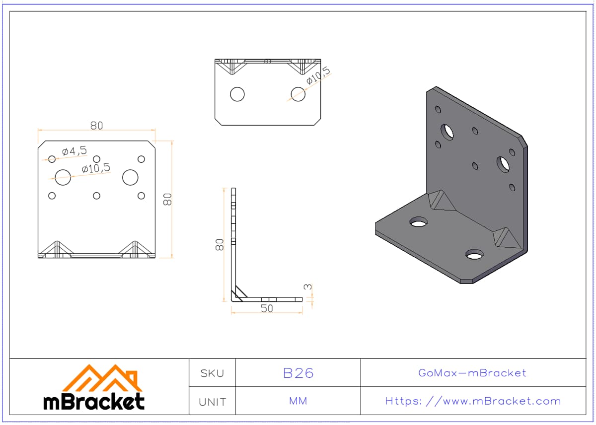 Cantoneira em L Conector Pilar-Solo Ferragem Estrutural - 3*80*50*80 Dimensões do produto