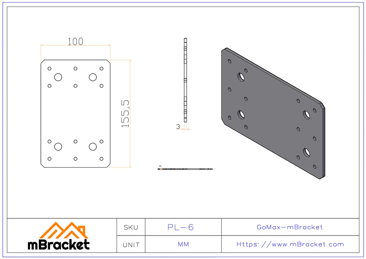 Conector de viga plano Chapa de ligação para vigas Ferragem de reforço estrutural - 3.0*100*155 Dimensões do produto