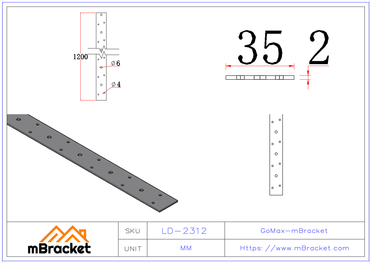 Windverankerungsband für Holz- und Leichtstahlkonstruktionen - 2*35*1200 Produktabmessungen