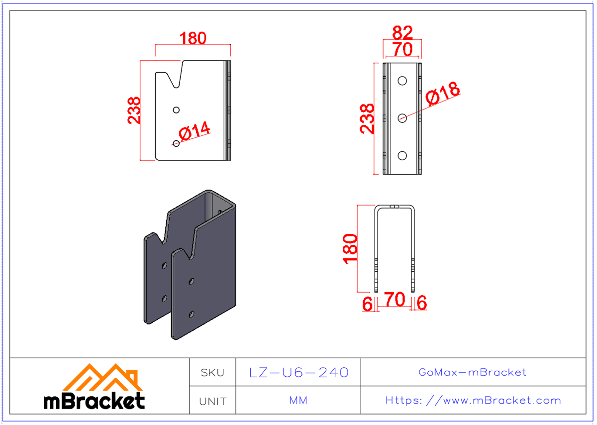 Verdeckter U-förmiger Balken-Stützen-Verbinder für japanische Holzkonstruktionen - 6*82*238 Produktabmessungen