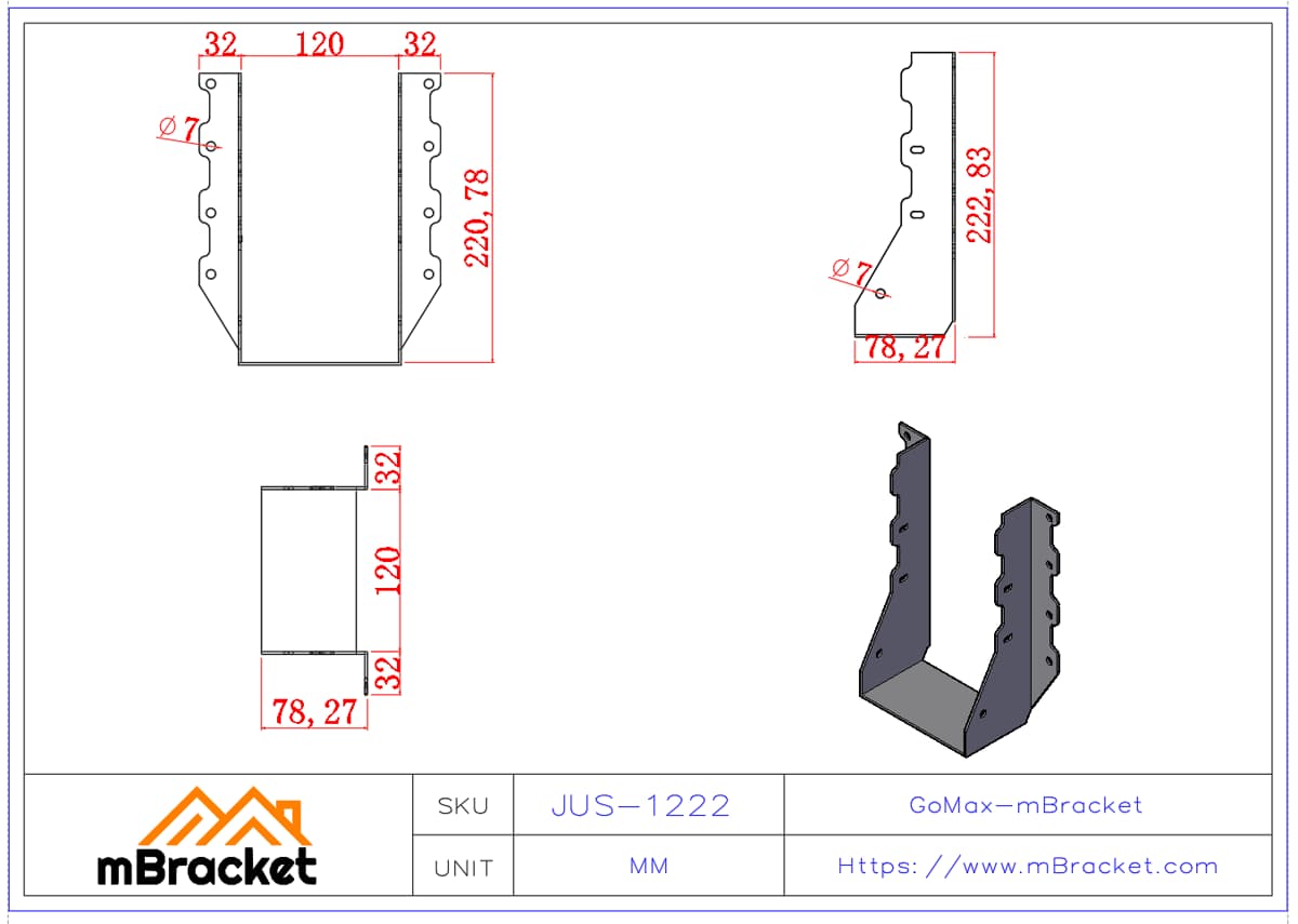 Soporte en U para Viga Conector Horizontal de Vigueta y Viga - 2*120*220 Dimensiones del producto