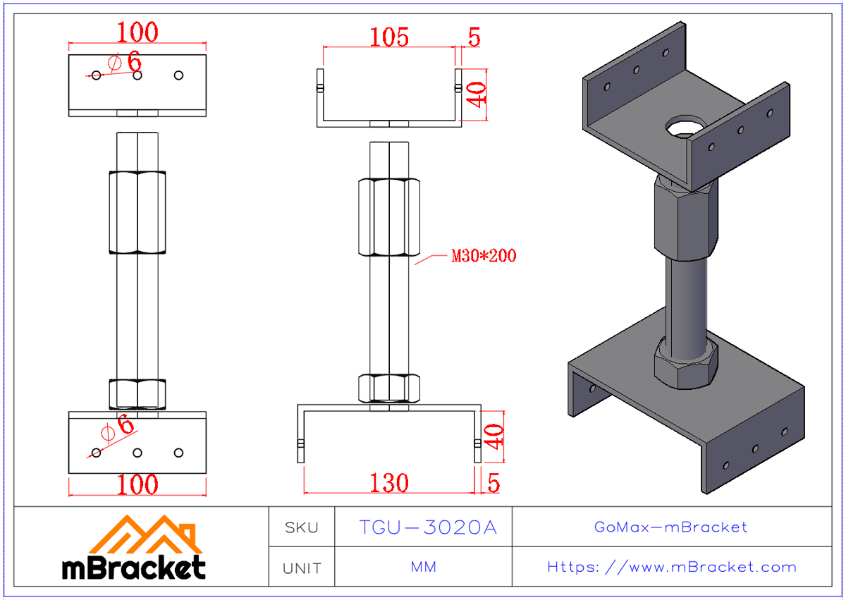 Schwerlast-Holzstützen-Hubverstellschraube 30mm Durchmesser - 30*200 Produktabmessungen