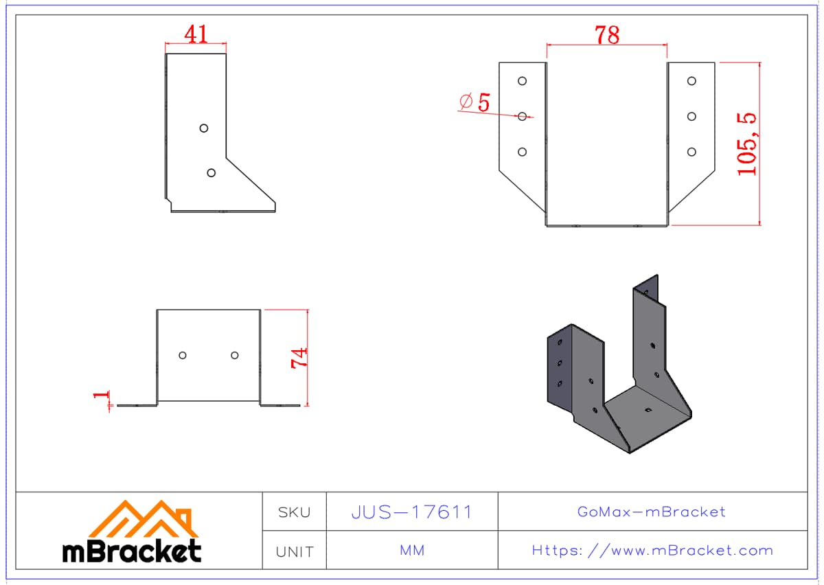 Conector de Soportes en U para Vigas Estructura de Madera Fijación Viga-Columna - 1*76*110 Dimensiones del producto