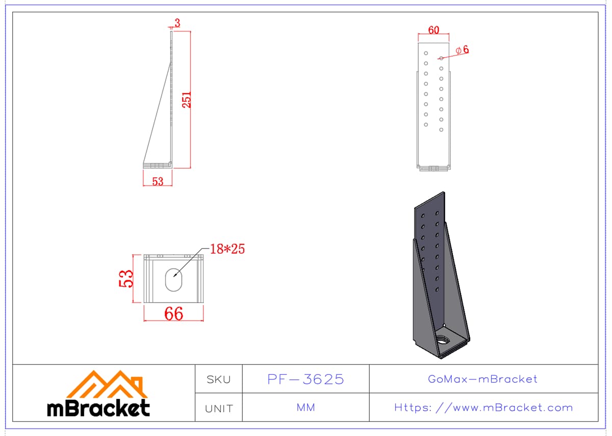 Connecteur de résistance à l'arrachement pour structures légères en acier / Connecteur de base de poteau - 3*66*251 Dimensions du produit