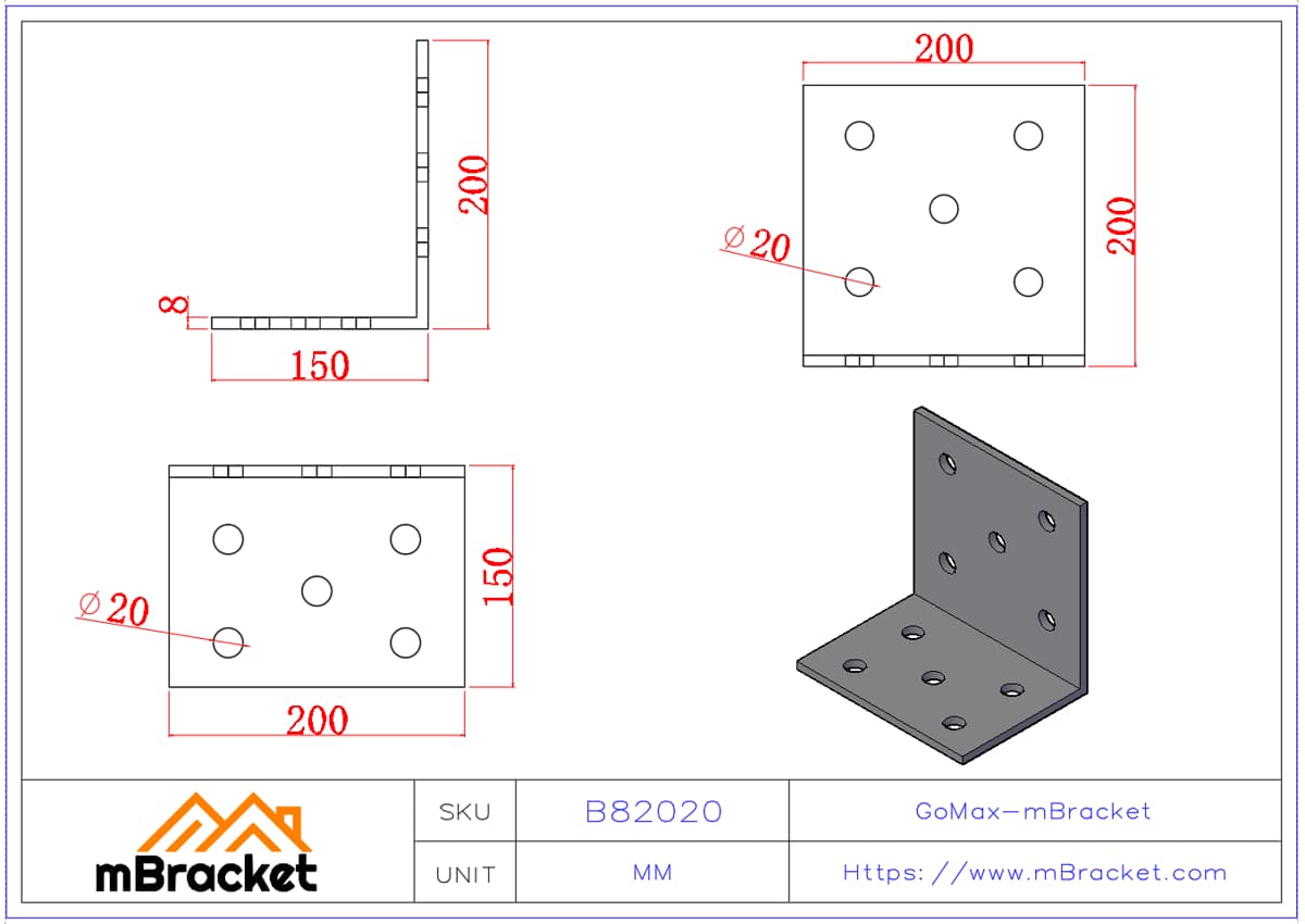Équerre Lourde pour Renforcement de Structure en Bois - 8*200*150*200 Dimensions du produit