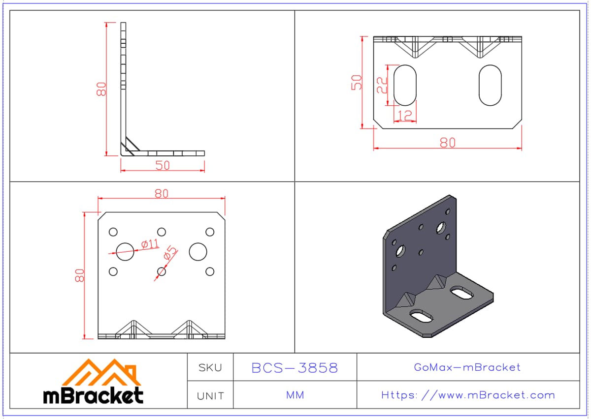 Suporte angular médio Conector de aço em forma de L - 3*80*50*80 Dimensões do produto