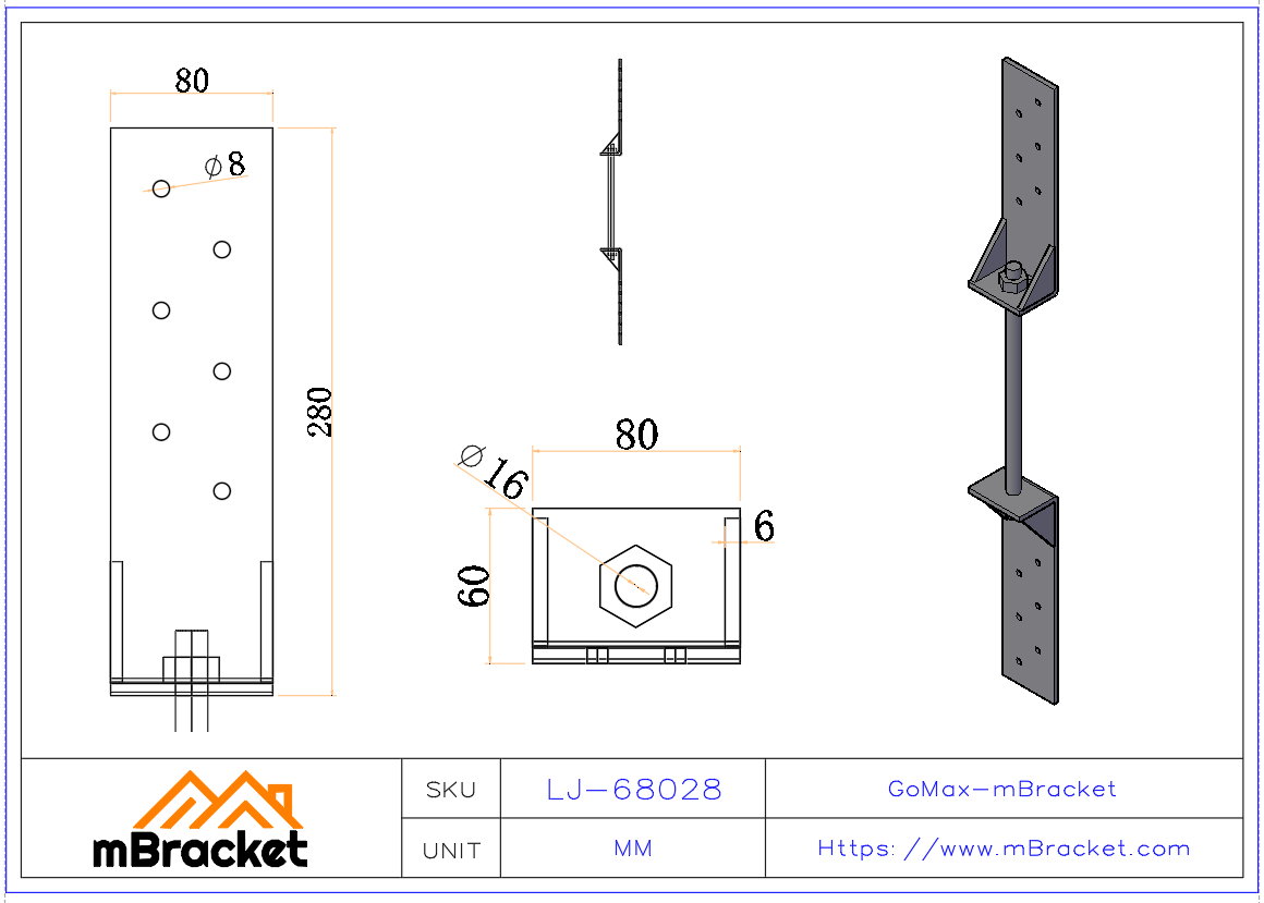 Conector de piso, Conector contra viento y sismo, Conector para madera - 6.0*80*280 Dimensiones del producto