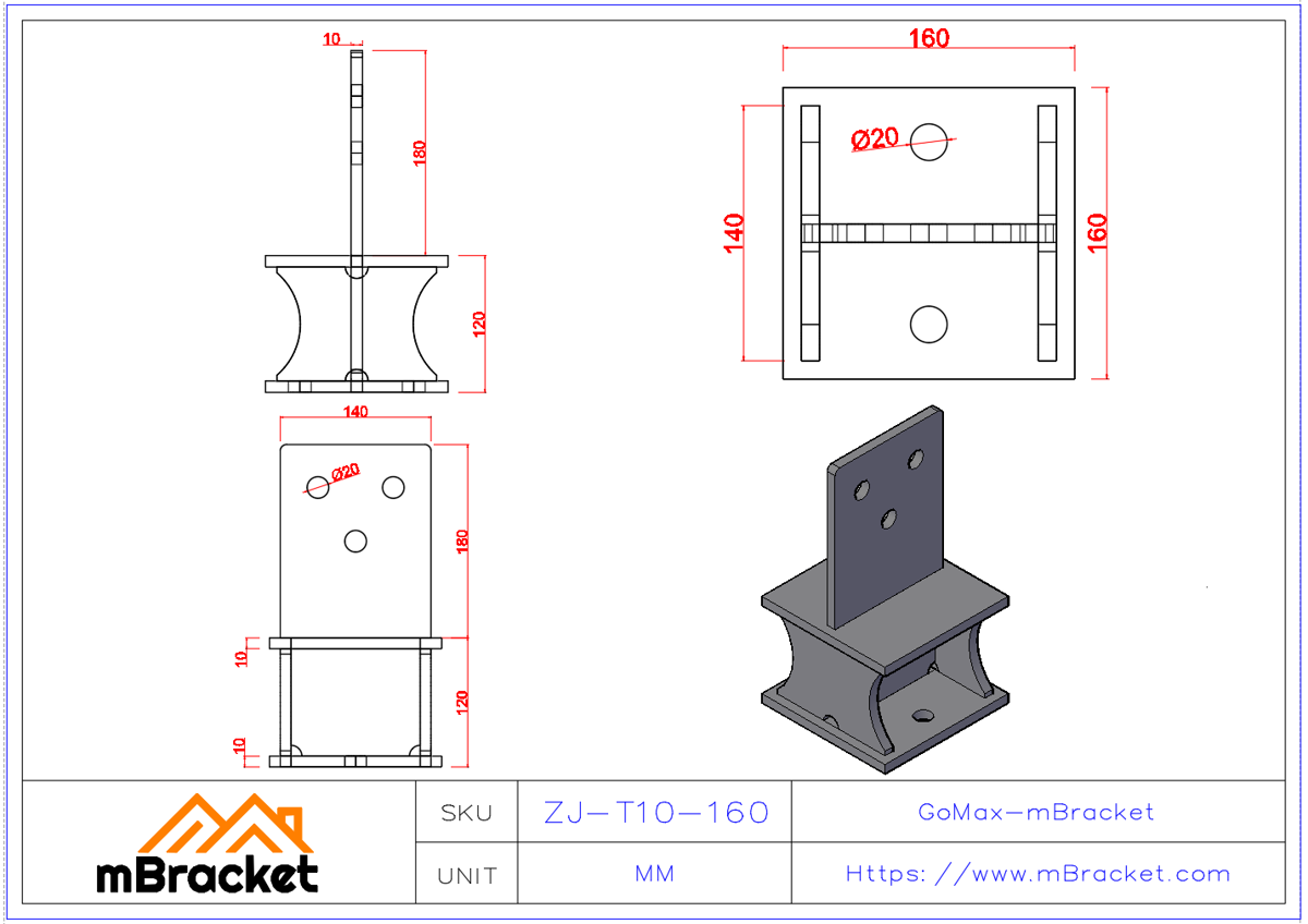 Japanischer verdeckter T-Träger-Stützen-Verbinder, Holzbaubeschlag - 10*160*160*265 Produktabmessungen
