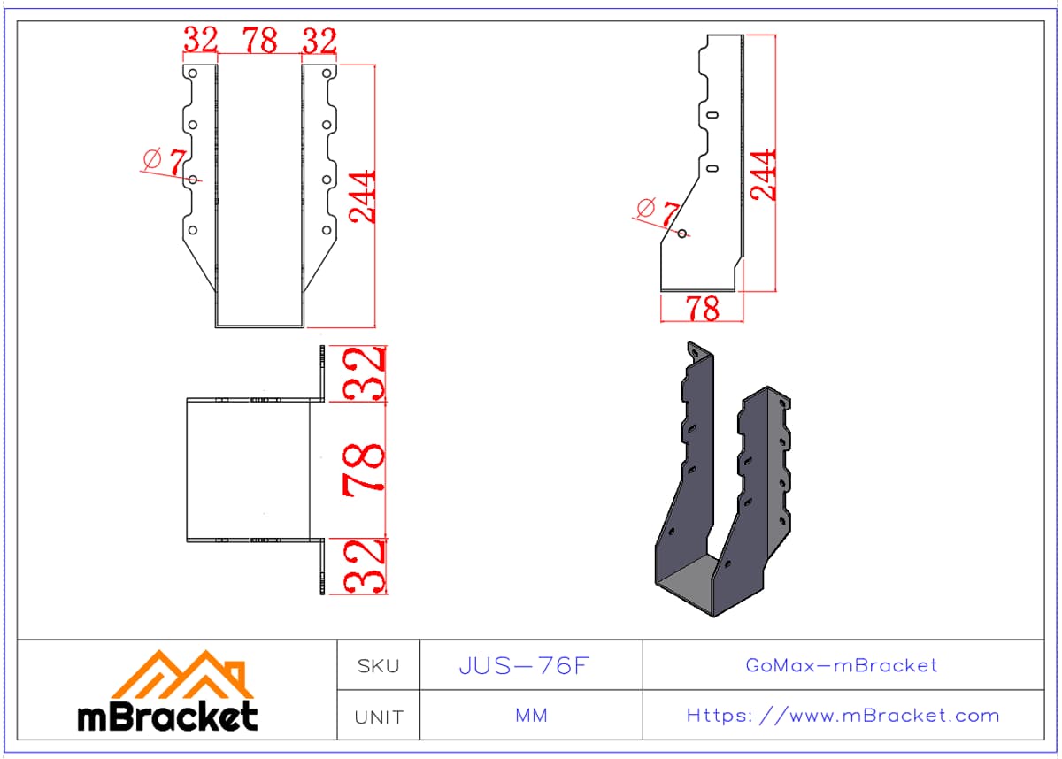 Balkenschuh U-Bügel Holzrahmenbau Villa Metallzubehör - 2*76*244 Produktabmessungen