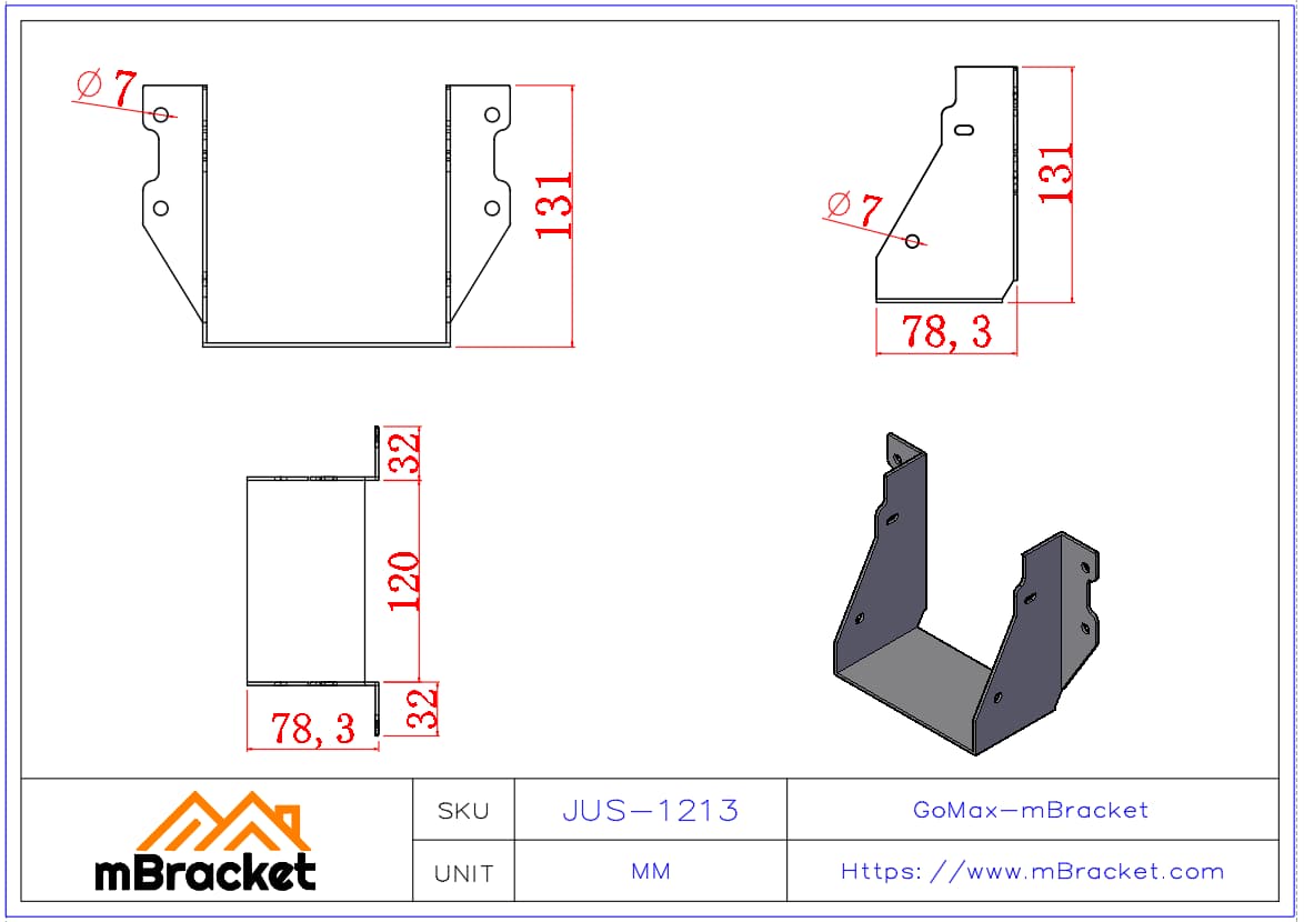 U-förmiger Trägerhänger Horizontaler Holzstrukturverbinder - 2*120*130 Produktabmessungen