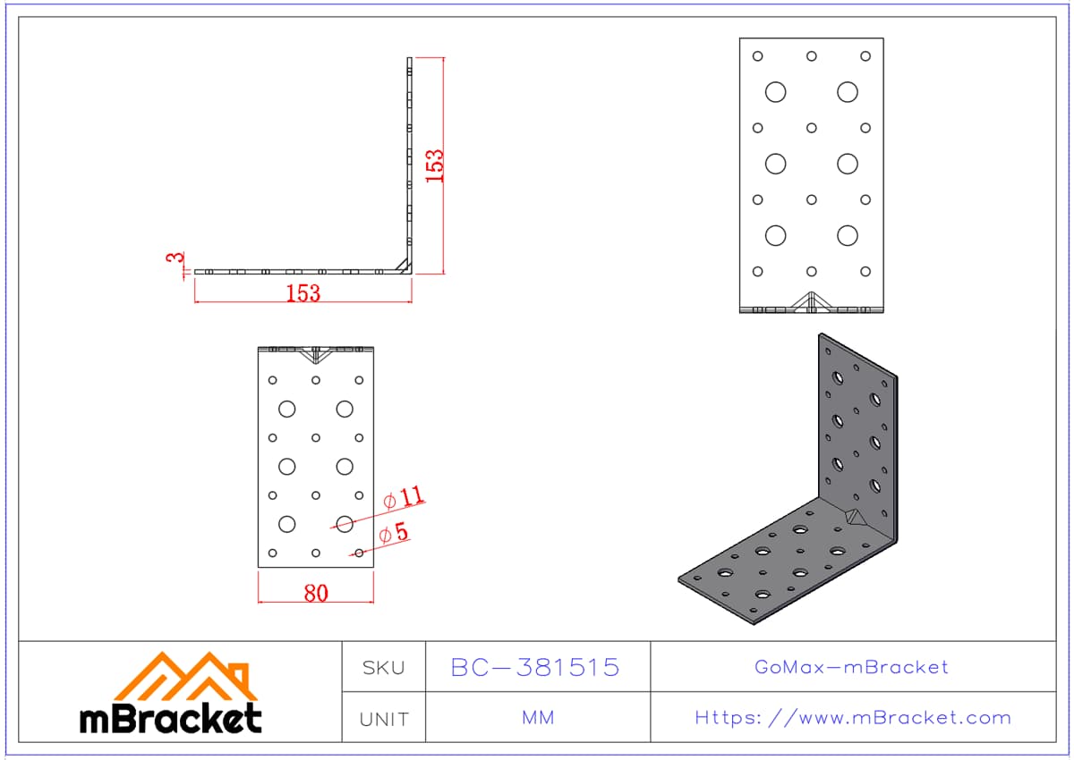 Winkelverbinder L-förmiger Stahlwinkel Holzkonstruktionsverstärkungshardware - 3*80*150*150 Produktabmessungen
