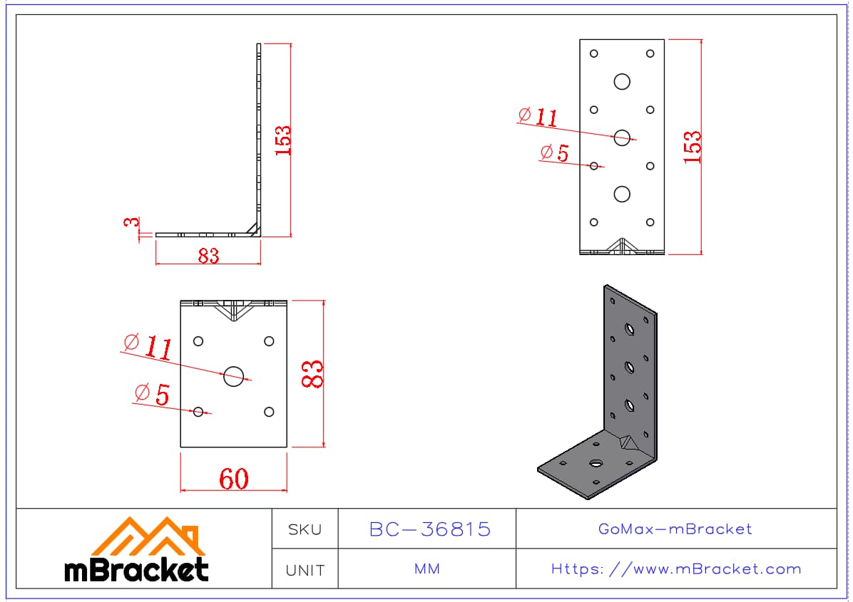 Conector de ángulo en L de hierro angular hardware de refuerzo estructural - 3*60*80*150 Dimensiones del producto