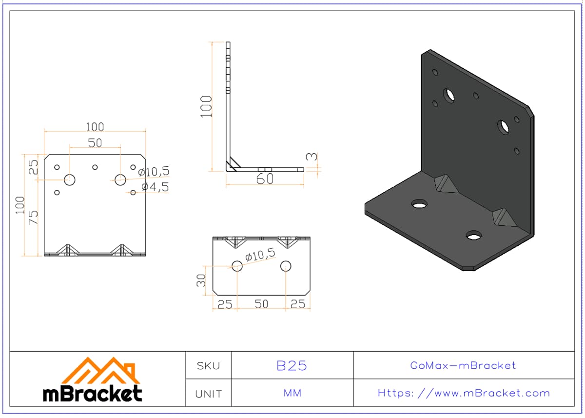 Suporte Angular Conector em L Ferragens de Reforço Estrutural - 3*100*60*100 Dimensões do produto