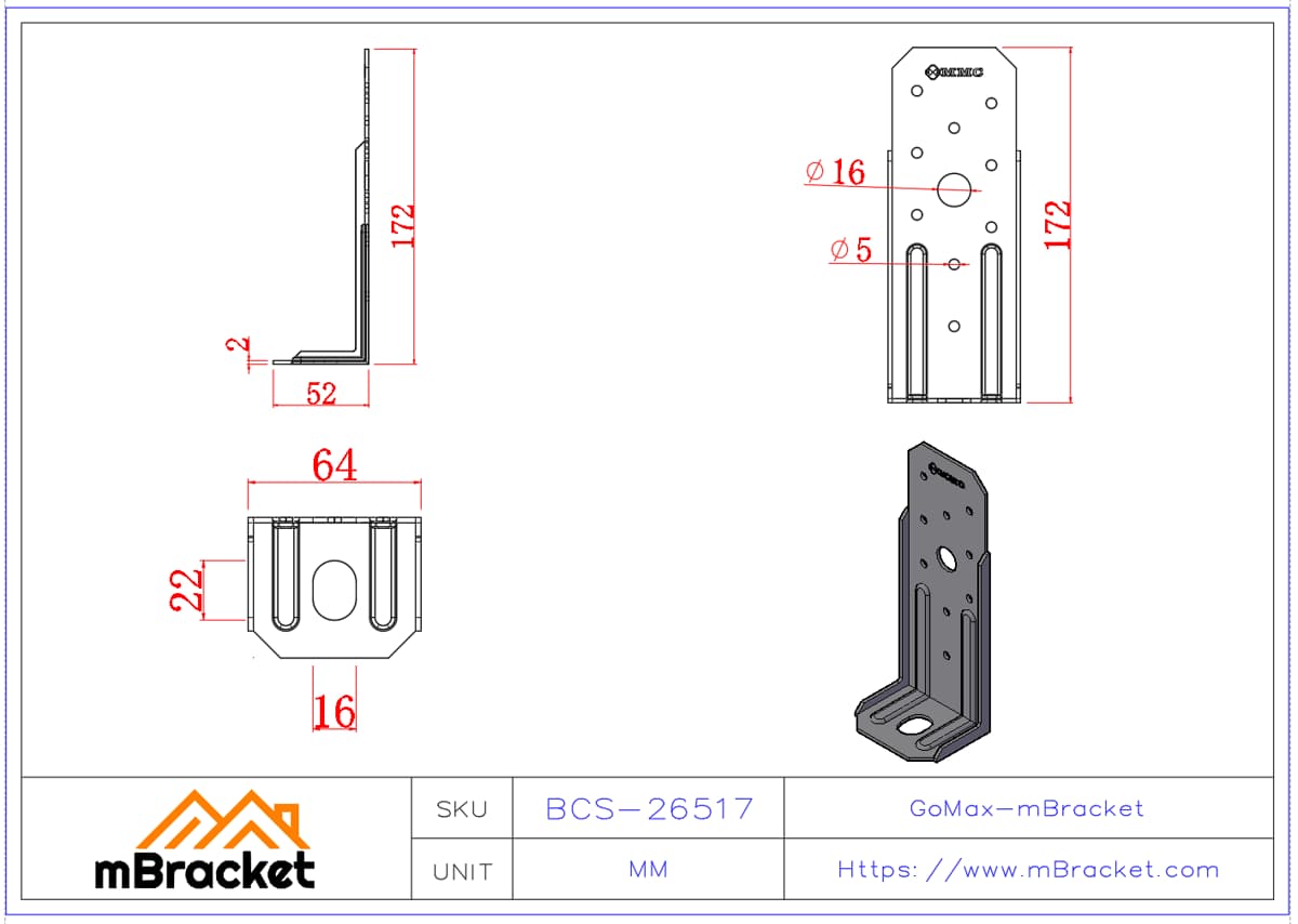 Connecteur anti-arrachement acier léger / Connecteur anti-arrachement léger - 2*64*52*172 Dimensions du produit