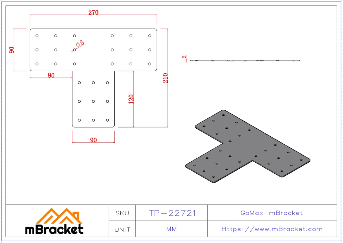Connecteur en T pour assemblages poutre-poteau, quincaillerie pour structures en bois et acier léger - 2*90*270*210 Dimensions du produit