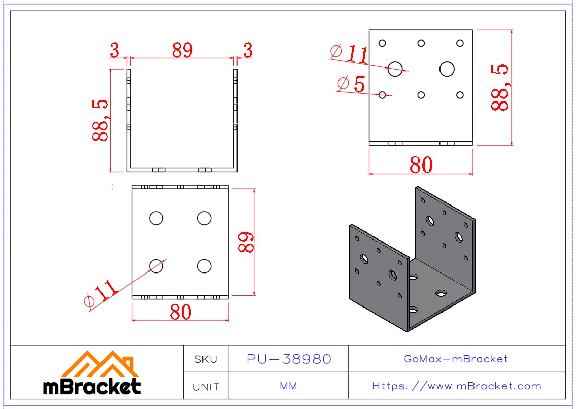 Conector de base de poste en U, zapata de poste, conector metálico para estructura de madera - 3*89*89*80 Dimensiones del producto