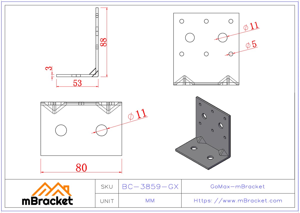 Conector de ángulo de acero en forma de L Herrajes de refuerzo estructural - 3*80*50*90 Dimensiones del producto