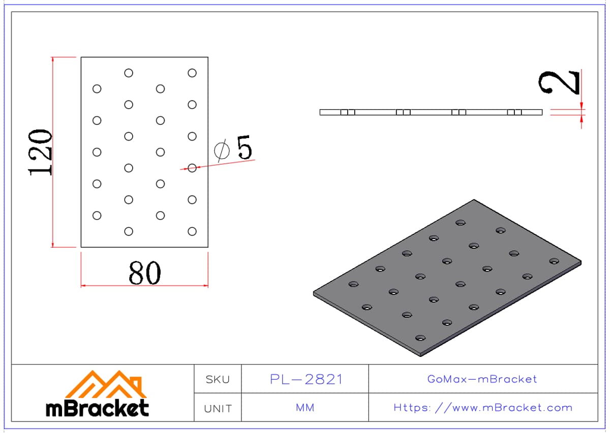 Conector de placa de clavos Conector plano Conector de acero ligero - 2*80*120 Dimensiones del producto
