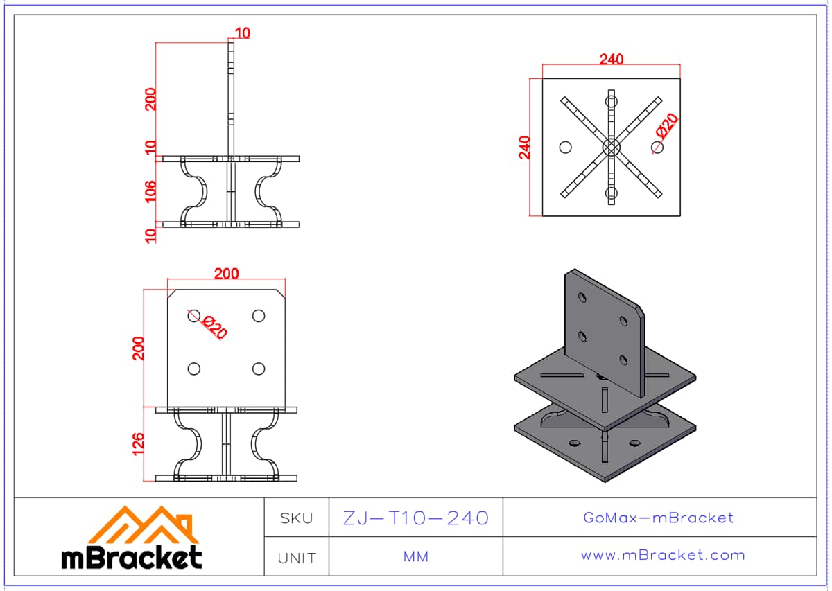 Conector de base de pilar de madeira laminada colada, Ferragem de base de poste de madeira - 10*240*240*326 Dimensões do produto