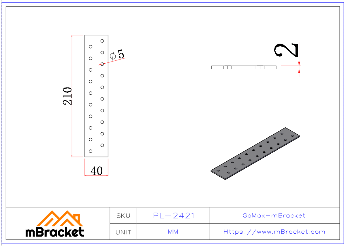Nagelplattenverbinder | Flachplattenverbinder | Holzrahmenverbinder | Holzträgerverbinder - 2*40*210 Produktabmessungen