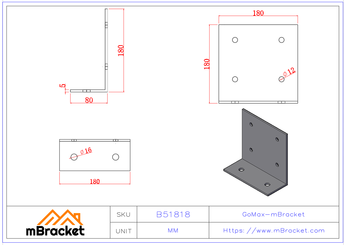 Schwerlast-Winkelverbinder Verdickter Holzstruktur-Verbinder - 5*180*80*180 Produktabmessungen