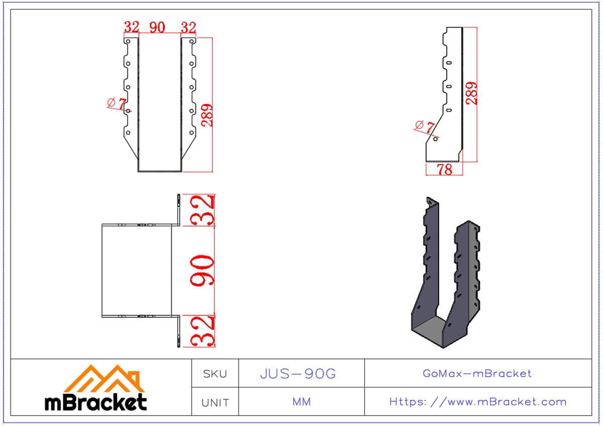 Balkenschuh - U-Bügel für horizontale Verbindung von Balken und Trägern, Holzverbinder - 2*90*289 Produktabmessungen